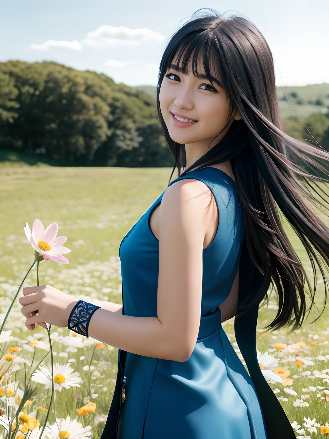 masterpiece, realistic, hyperrealistic, best quality, rinoa, long hair, black hair, arm warmers, sleeveless coat, black shirt, blue skirt, arm ribbon, upper body, from side, (smile), wind, RAW photo, delicate, (intricate details:1.3), hyper detail, finely detailed, colorful, dark shadow, 1girl, solo, 8k uhd, film grain, (photorealistic:1.3), (detailed skin:1.2), beautiful detailed eyes, skin textures, sun light, grassland, flowers, (petals in sky, falling petals,)