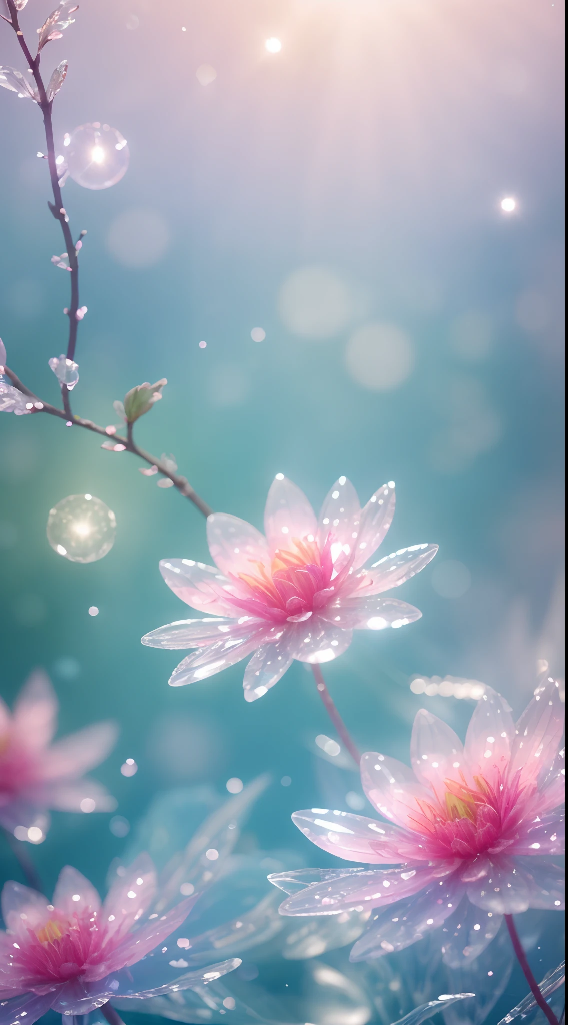 Crystal spring flower,Pink white gradient,water drop,Fantastical, galaxies, Transparent,, Pink white gradient,water drop,Light blue leaves,Sparkle, Sparkle, brilliance, Water,colorful,, Magical photography of light blue leaves, dramatic illumination, Photo realism, Ultra detailed, 4k, depthoffield, high resolusion