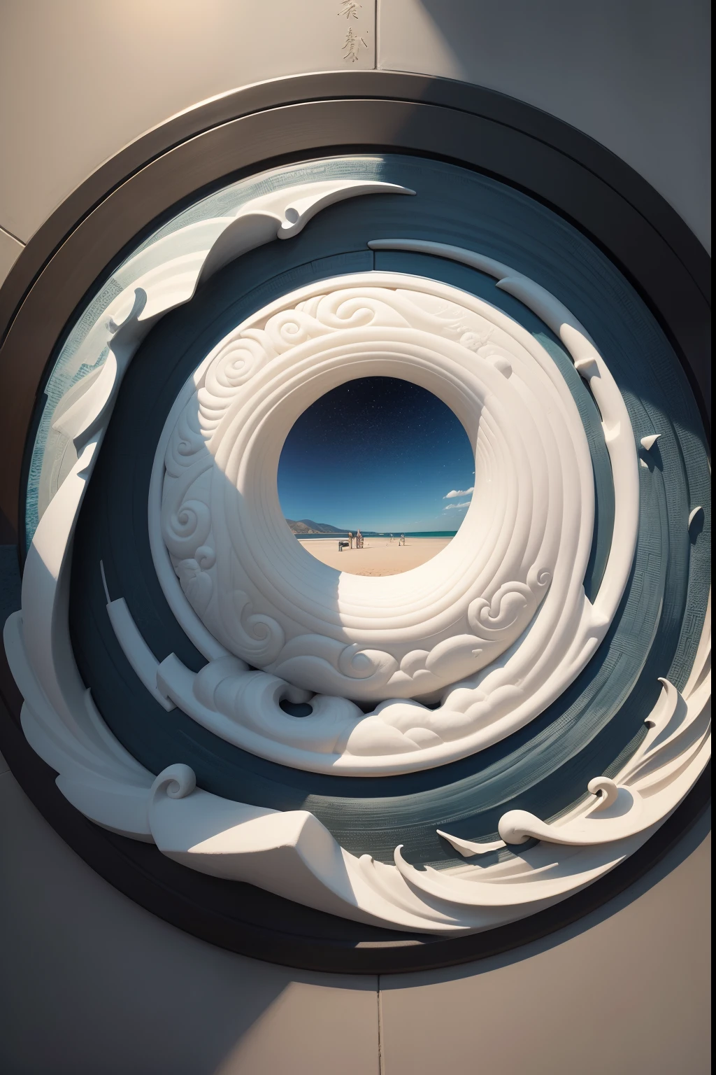 It is a circular relief，Below the relief are the waves，Above is the sky，The waves and sky take on the shape of Tai Chi Yin and Yang