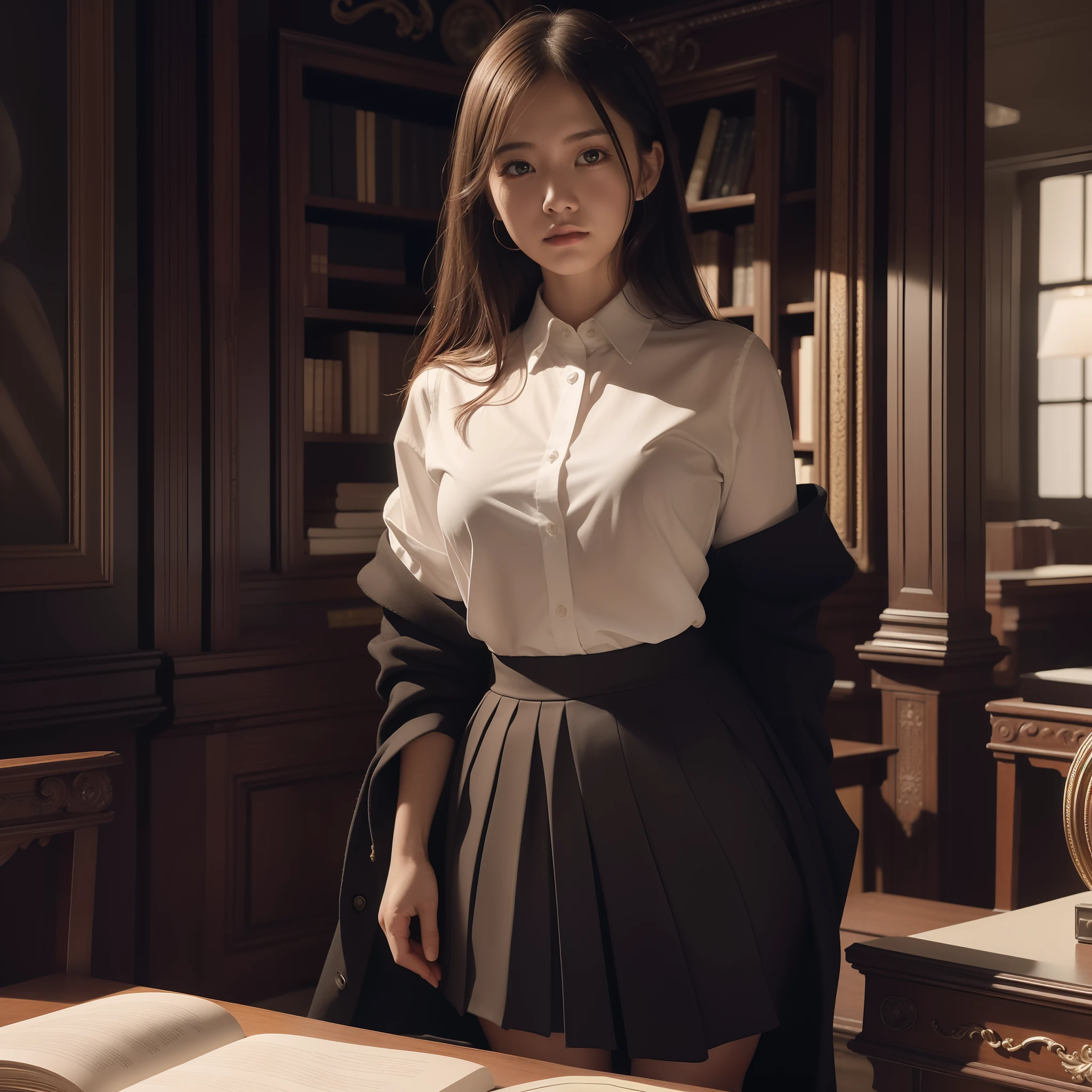 Chiaroscuro, masutepiece, Super Detail, High quality, awardwinning, 8K, (girl), Solo, Business attire, Skirt, White shirt, Upper body, (close-up), Portrait Style, standing at front, Traditional Libraries, antique interior, Wall-to-wall bookshelves, a desk, Cinematic Light, Formal atmosphere