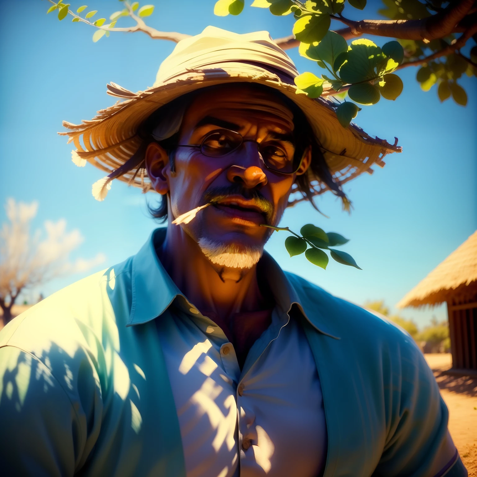 Man with a moringa tree branch in his mouth with the background background of the video having a tree as shadow, ao comesso da manha