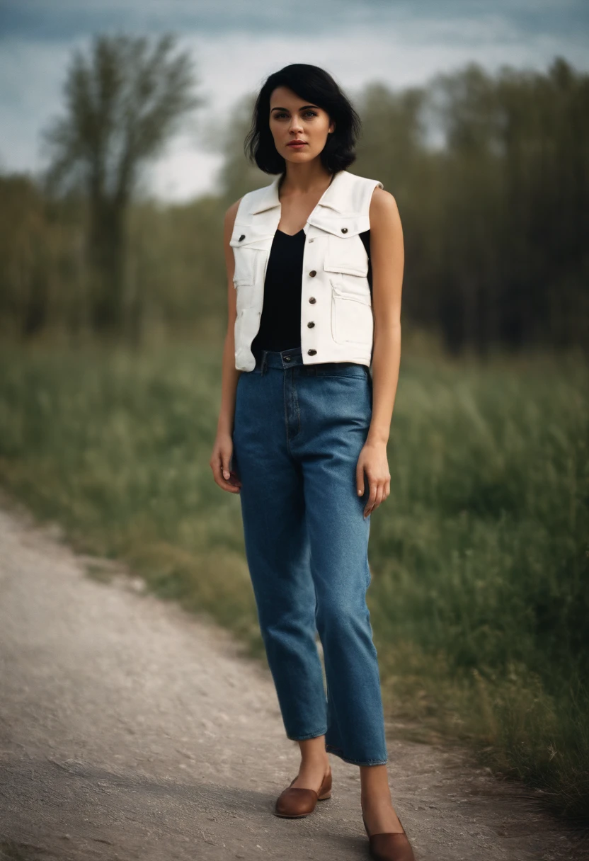 a young woman with Short black hair standing outside, in the style of cool,White vest, baggy denim pants, zeiss planar t* 80mm f/2.8, kodak portra, uhd image, sovietwave, distinct facial features,