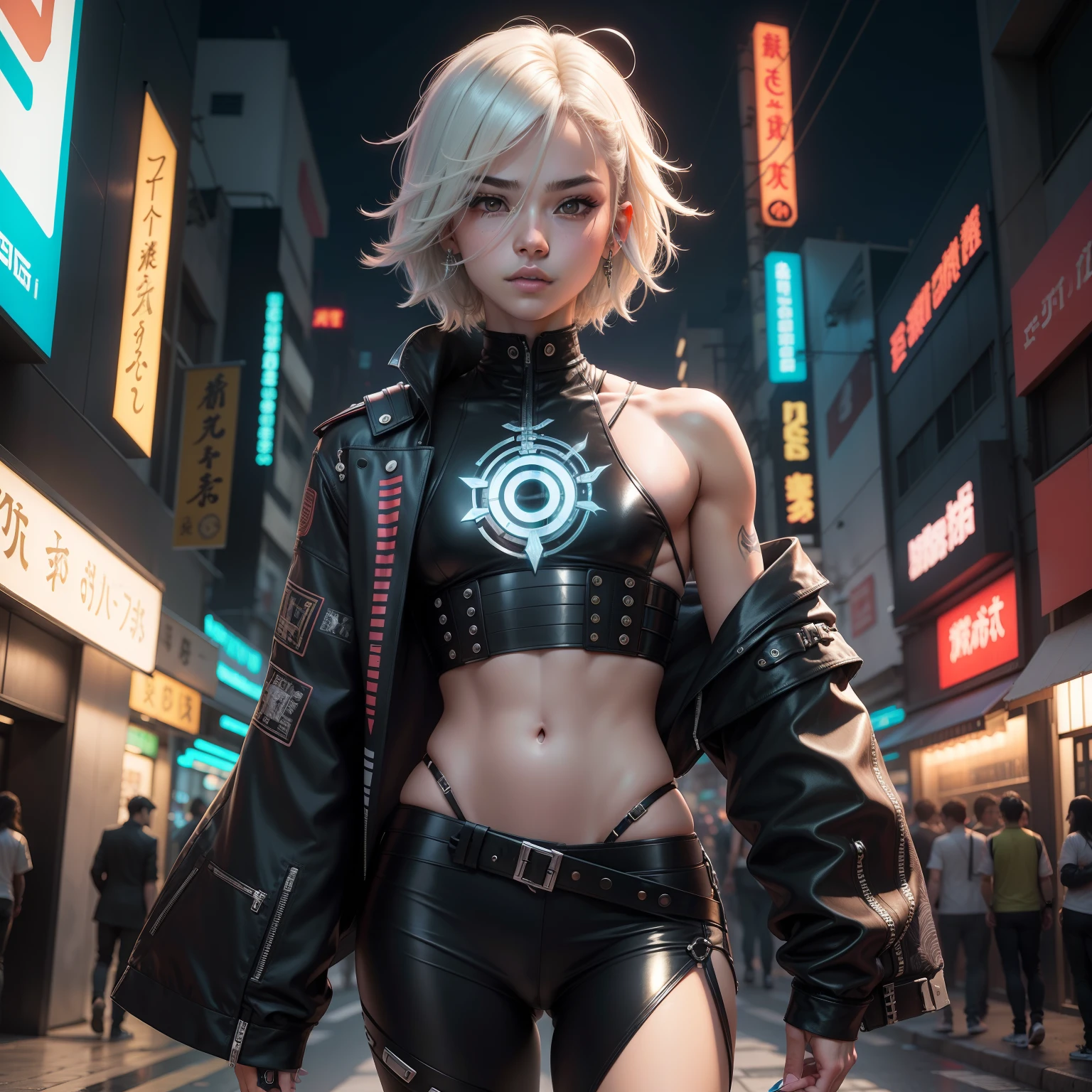 cyberpunk sexy, homem sexy, meninoo branco, long eyeslashes, unhas longas e ousadas, corpo inteiro, androgynous style clothes, cropped sentado em escadaria, escada , em cidade, luzes, ousado, cidade cyberpunk futuristanoturna com chuva, ventos no cabelo,luzes vibrantes, Japanese city pattern, carros sem foco, reflexos d luz
