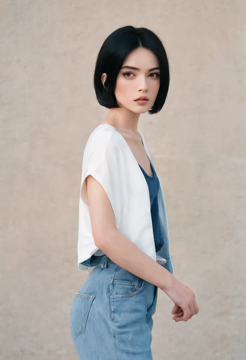 a young woman with Short black hair standing outside, in the style of cool,White vest, baggy denim pants, zeiss planar t* 80mm f/2.8, kodak portra, uhd image, sovietwave, distinct facial features,