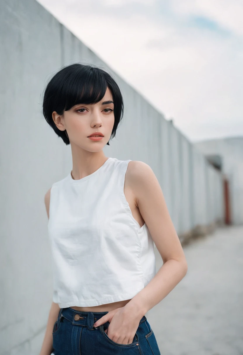 a young woman with Short black hair standing outside, in the style of cool,White vest, baggy denim pants, zeiss planar t* 80mm f/2.8, kodak portra, uhd image, sovietwave, distinct facial features,