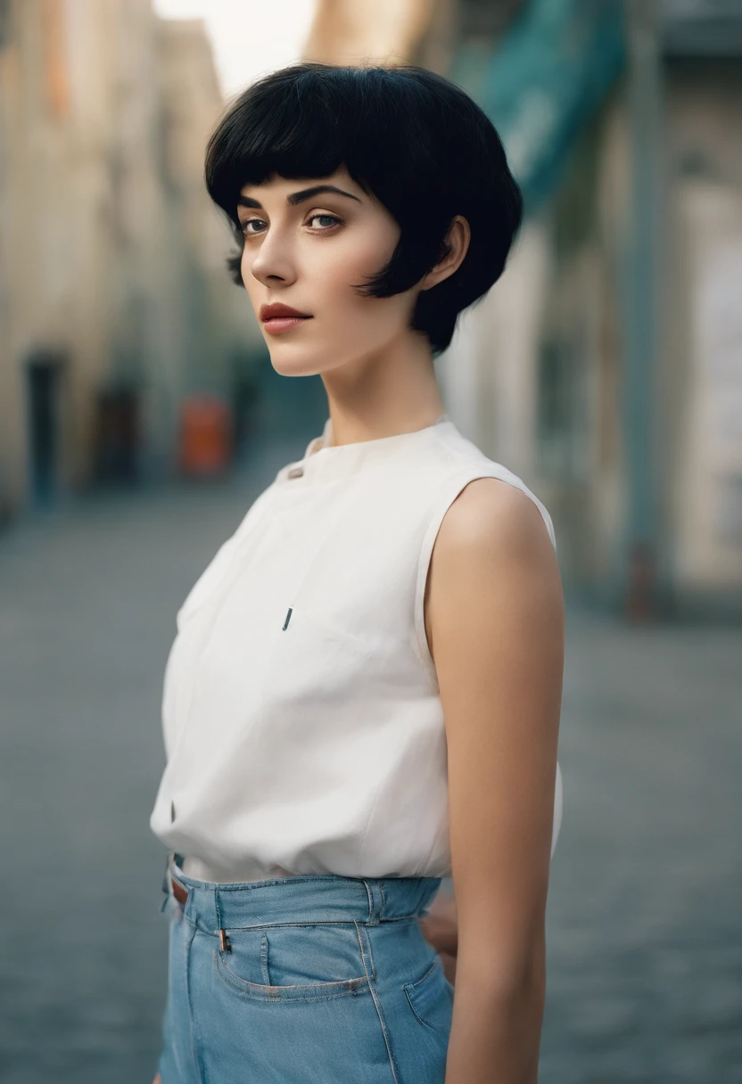 A young woman with short black hair stood outside, In cool style,White vest, baggy jeans, zeiss planar t* 80mm f/2.8, kodak portra, UHD image, sovietwave, unique facial features,