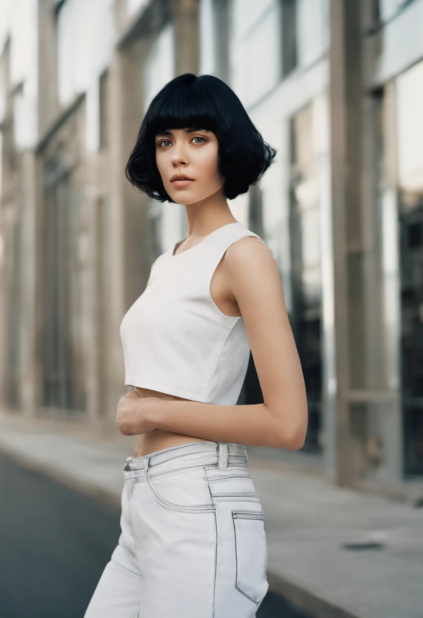A young woman with short black hair stood outside, In cool style,White vest, baggy jeans, zeiss planar t* 80mm f/2.8, kodak portra, UHD image, sovietwave, unique facial features,