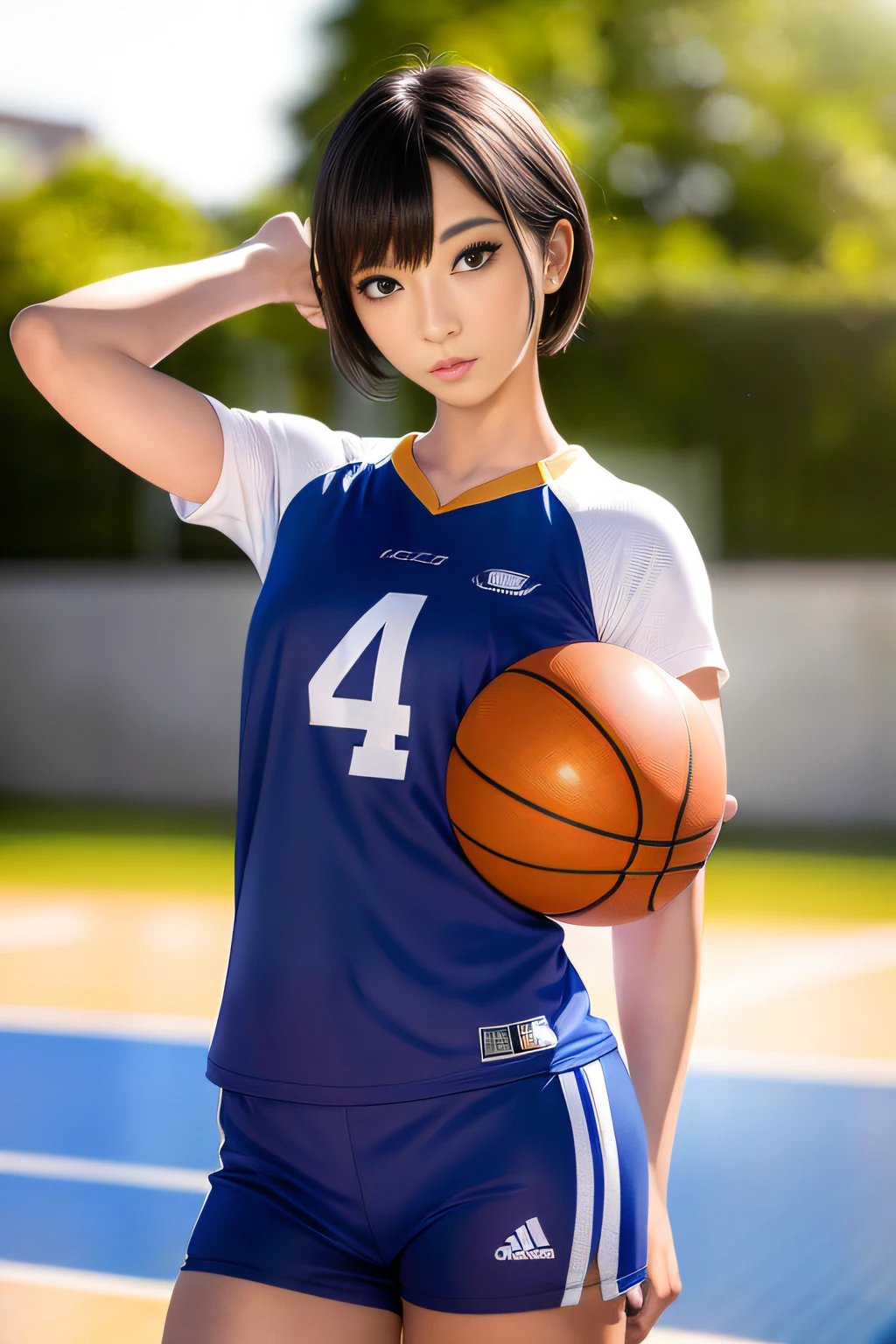 (8k, Best Quality, Masterpiece: 1.2), (Realistic, Photorealistic: 1.37), Super Detailed, Best Quality, Super High Resolution, Professional Lighting, Photon Mapping, Radiosity, Physically Based Rendering, Cinematic Lighting , basketball court, depth of field, focus, sun rays, good composition, (bokeh: 1.2), 1 girl, (whole body), (closed mouth), beautiful eyes, pose, constriction, basketball uniform, black hair , messy hair, long hair blowing in the wind,(ulzzang-6500:1.2) mix4, hiqcgbody