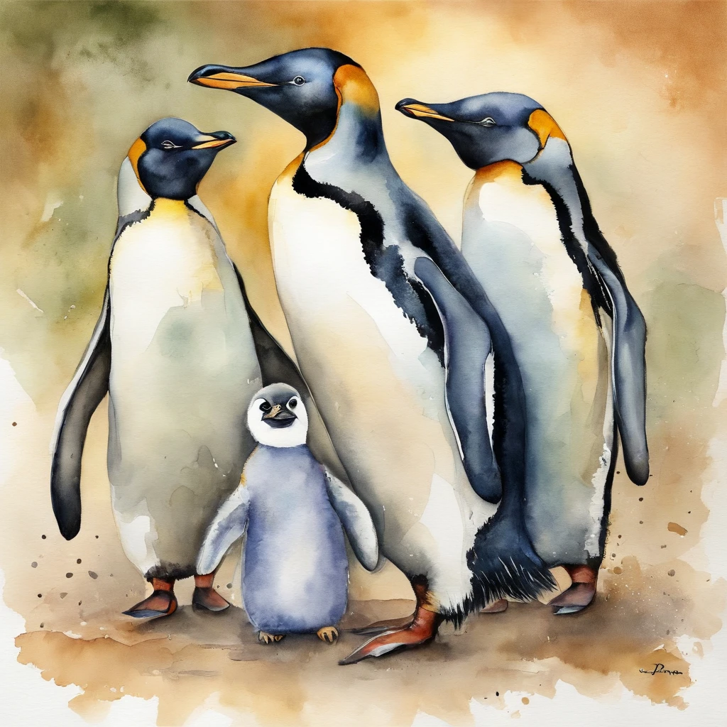 Penguin dolls, Rough brushstrokes，Lots of detail，aquarelle