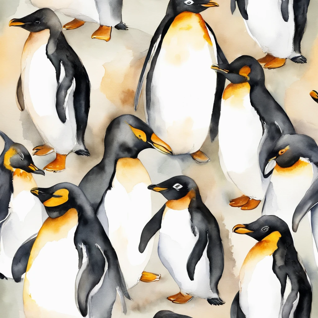 Penguin dolls, Rough brushstrokes，Lots of detail，aquarelle