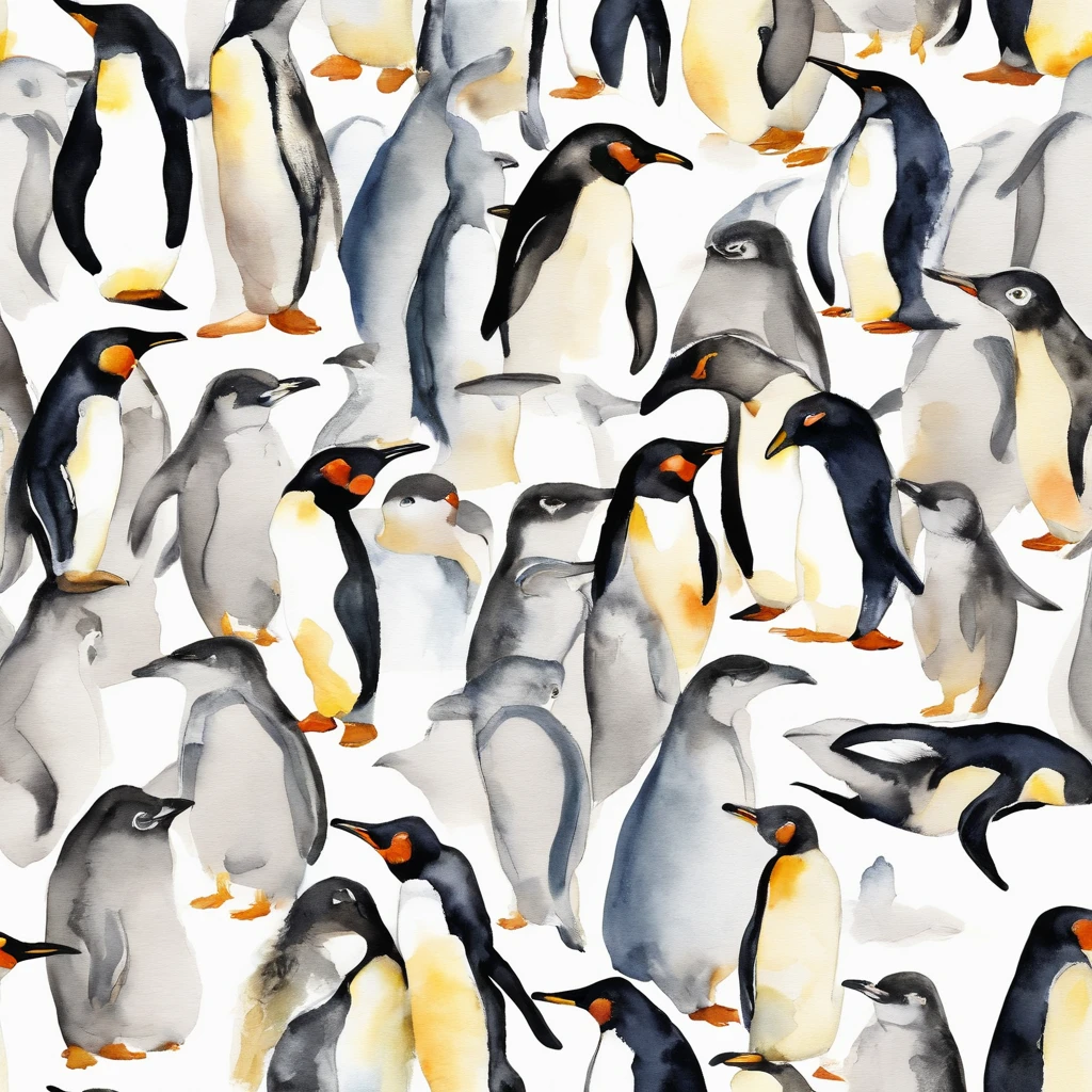 Penguin dolls, Rough brushstrokes，Lots of detail，aquarelle