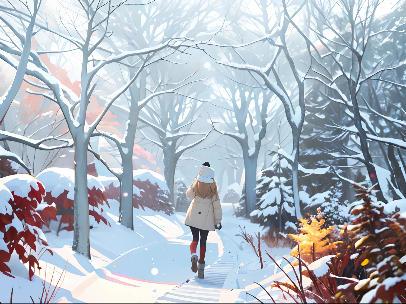 there is a woman walking down a snowy path in the woods, in a snowy forest setting, in snow, a snowy day in the forest, in the snow, snowing in the forest, winter in the snow, in the middle of a snow storm, walking through the trees, in the winter, snowy weather, snow flurry, snowstorm ::5, walking in forest