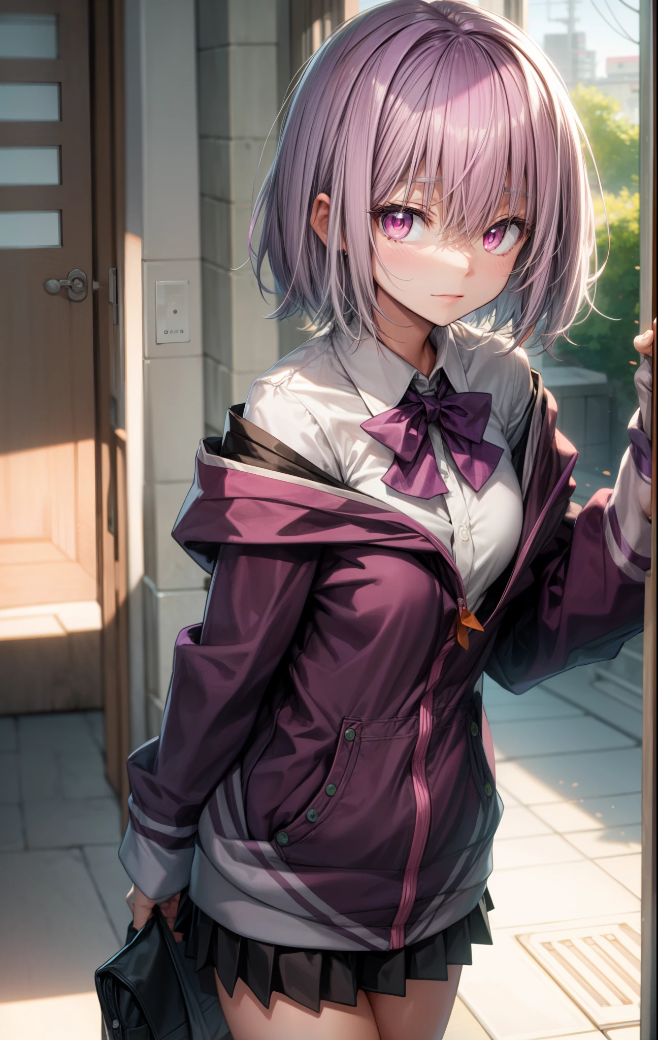 shinjou akane, light purple hair, (pink eyes:1.2), short hair,