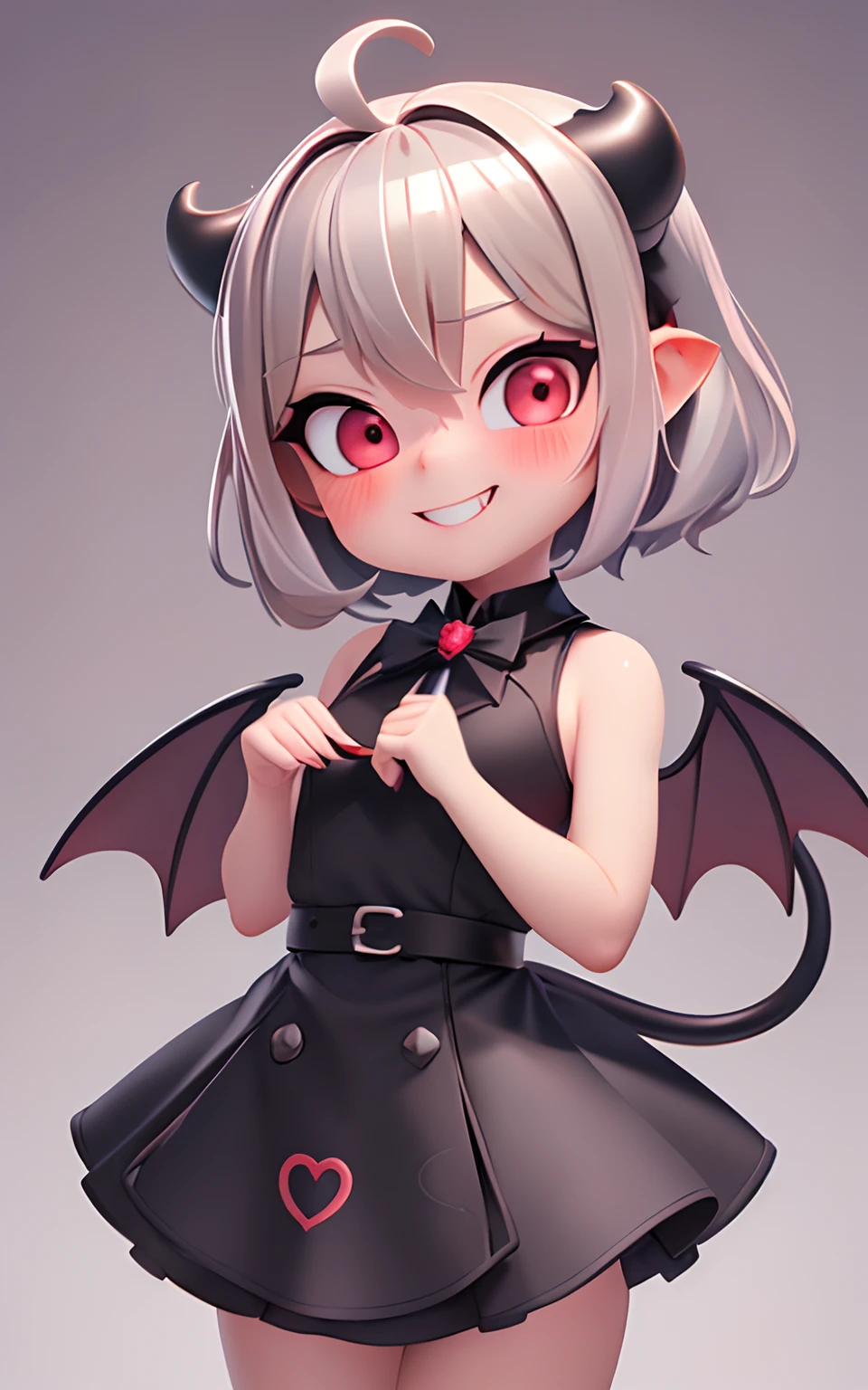 Pixar, 1girl in, Devilish appearance, (short silver hair:1.5), Eyes are red, blush, (Ahoge:1.2), eyes gentle, (free pose:1.3), Hair Bow, (Black devil wings and tail grow:1.3), (Black cow horns grow:1.2), (Devilish black dress:1.2), 独奏, Bangs, femele, Upper body