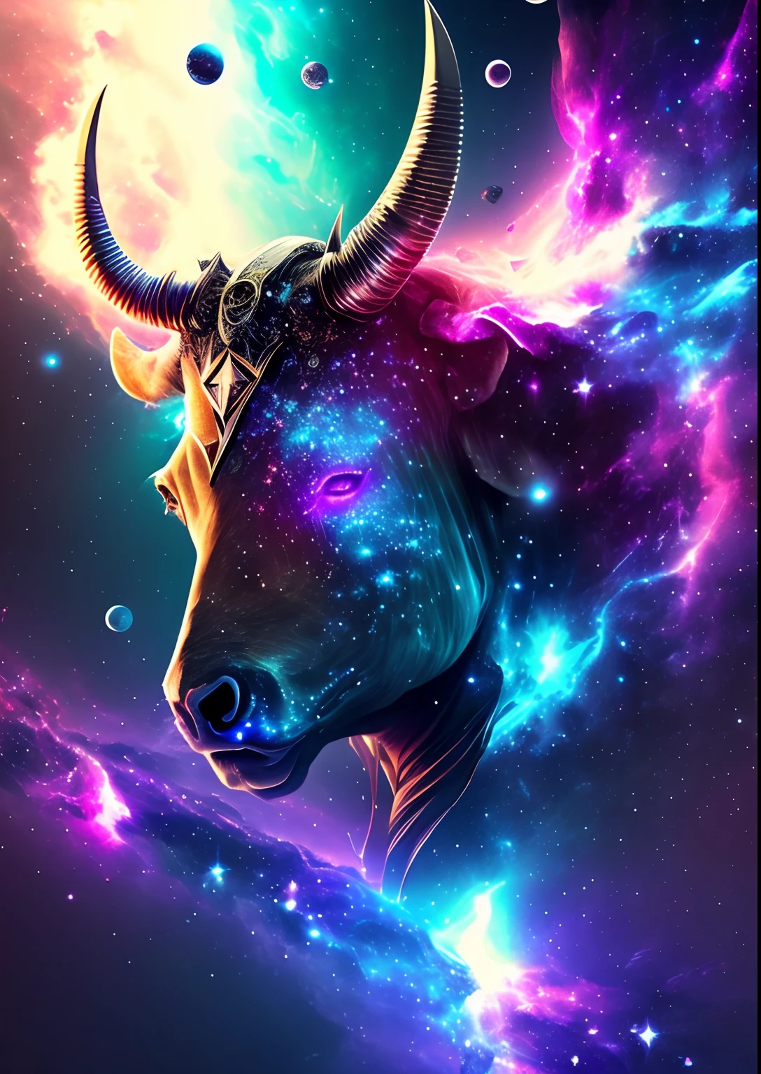 dreamlikeart, galaxy, outer space, nebula, star, [cyberpunked] Bull from the Stars (star:1.5),