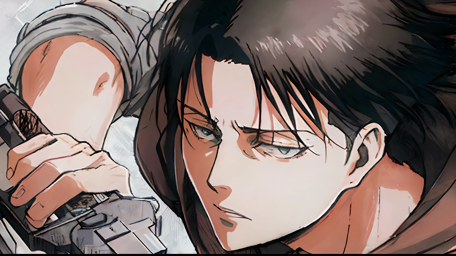 a close up of a person with a gun in their hand, Levi Ackerman, Shingeki no Kyojin, SNK, attack on titan covert art, Eren Yeager, Eren Jaeger, Retrato de Eren Yeager, attack on titans, from attack on titan, Attack on Titan, Em Attack on Titan, black lagoon manga, anime realista, realista