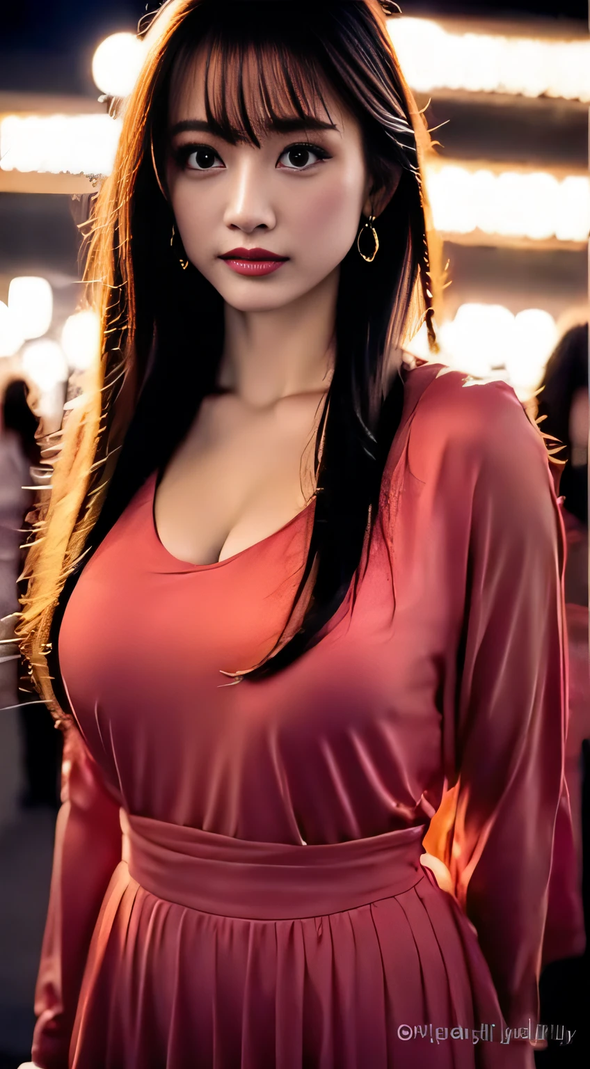 top-quality。8K-Picture。Ultra-high pixel。The background is the city at night。girl with。hair is long and slightly wavy,,,,,,,,,,,,,,,,,,,,,,,,,,,,,,,,,,,,,,,,,,,,,,,,,,,,,,,,,,,,,,,,,,,,,,,。The color is dark brown。Glamour style、((huge-breasted:1.8))。wearing red dress、Photos dancing brilliantly。Delicate finish overall。The body line is gorgeous。legs are long、Wear red high heels。((Hair shines like a reflection of the street。The eyeball reflects the surrounding landscape。The skin is wet with night dew))。Almost perfect woman。((time々In close-up of the upper body))。The second highlighted part々I want you to express it in close-ups。