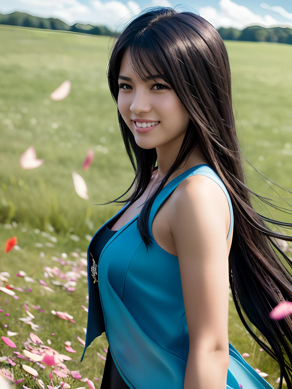 masterpiece, realistic, hyperrealistic, best quality, rinoa, long hair, black hair, arm warmers, sleeveless coat, black shirt, blue skirt, arm ribbon, upper body, from side, (smile), wind, RAW photo, delicate, (intricate details:1.3), hyper detail, finely detailed, colorful, dark shadow, 1girl, solo, 8k uhd, film grain, (photorealistic:1.3), (detailed skin:1.2), beautiful detailed eyes, skin textures, sun light, grassland, flowers, (petals in sky, falling petals,)