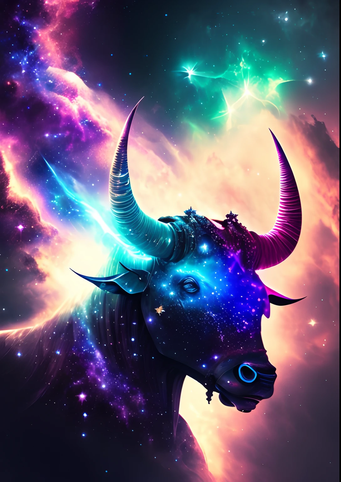 dreamlikeart, galaxy, outer space, nebula, star, [cyberpunked] Bull from the Stars (star:1.5),