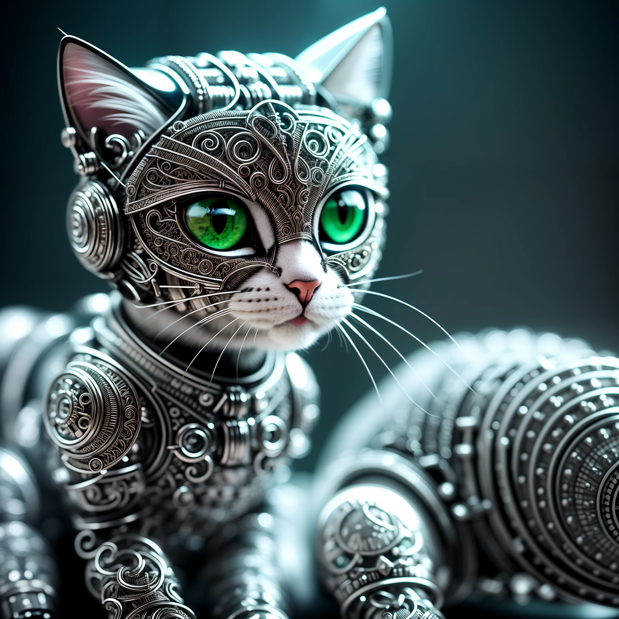 a cute kitten made out of metal, (cyborg:1.1), ([tail | detailed wire]:1.3), (intricate details), hdr, (intricate details, hyperdetailed:1.2), cinematic shot, vignette, centered