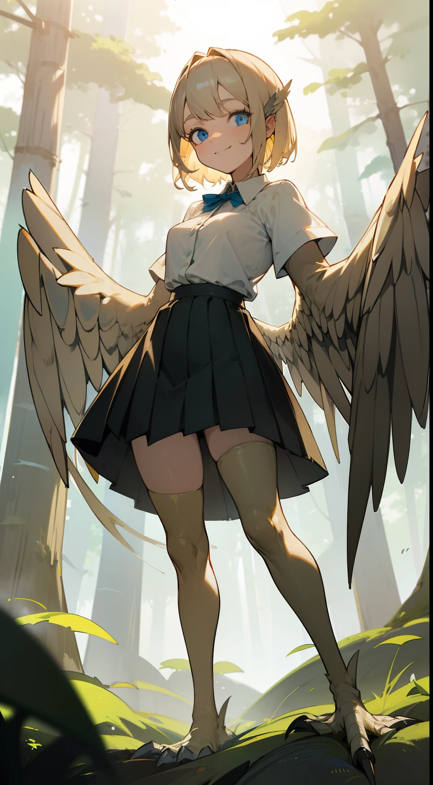 1girl,solo,happy face,shirt, skirt,medium tits,light blonde hair,short hair,blue eyes,harpy,(((light blonde wings))),claws,no arms,(((flying standing in front of a forest)))