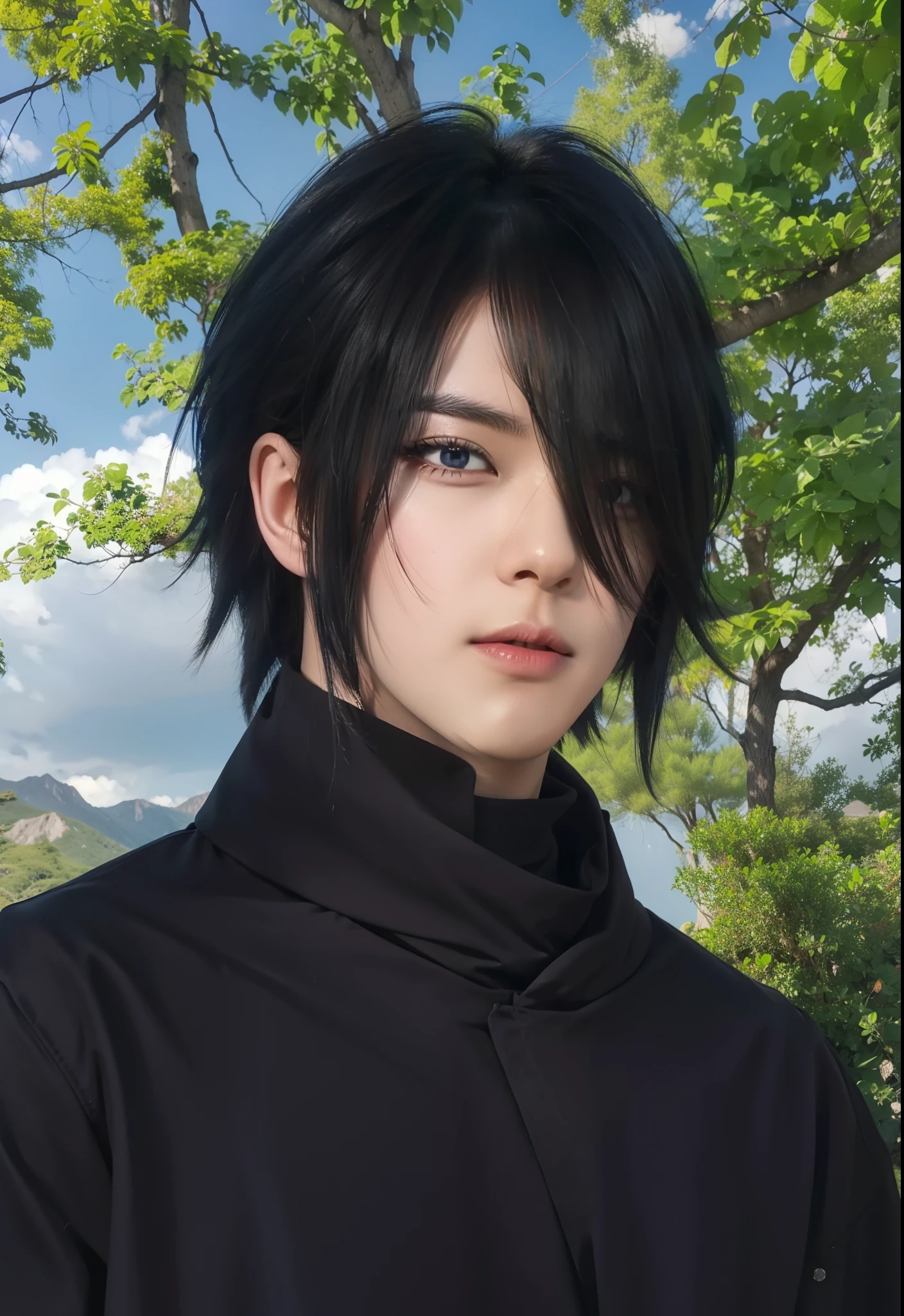 real Life adaption of this character,his name is Sasuke uchiha from anime naruto ,hyper realistic,detail realistic hairstyle ,(1 eye covered by hair), high resolution, photorealistic,very detailed,realistic outfit Black robe ,((korean teen handsome)) ,detailed realistic shining eyes,(photorealistic:1.4),(realism:1.6),(realistic skin),,realistic light,realistic shadow,sharpen, (collar),(cool expression),(realistic:1.2),look at viewer
