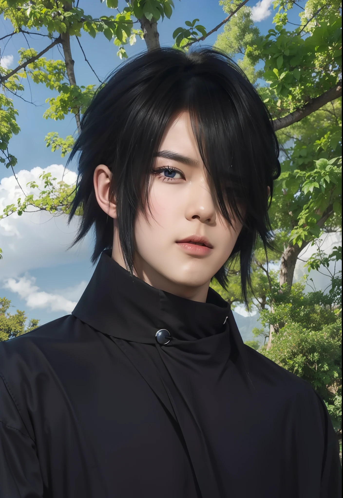 real Life adaption of this character,his name is Sasuke uchiha from anime naruto ,hyper realistic,detail realistic hairstyle ,(1 eye covered by hair), high resolution, photorealistic,very detailed,realistic outfit Black robe ,((korean teen handsome)) ,detailed realistic shining eyes,(photorealistic:1.4),(realism:1.6),(realistic skin),,realistic light,realistic shadow,sharpen, (collar),(cool expression),(realistic:1.2),look at viewer