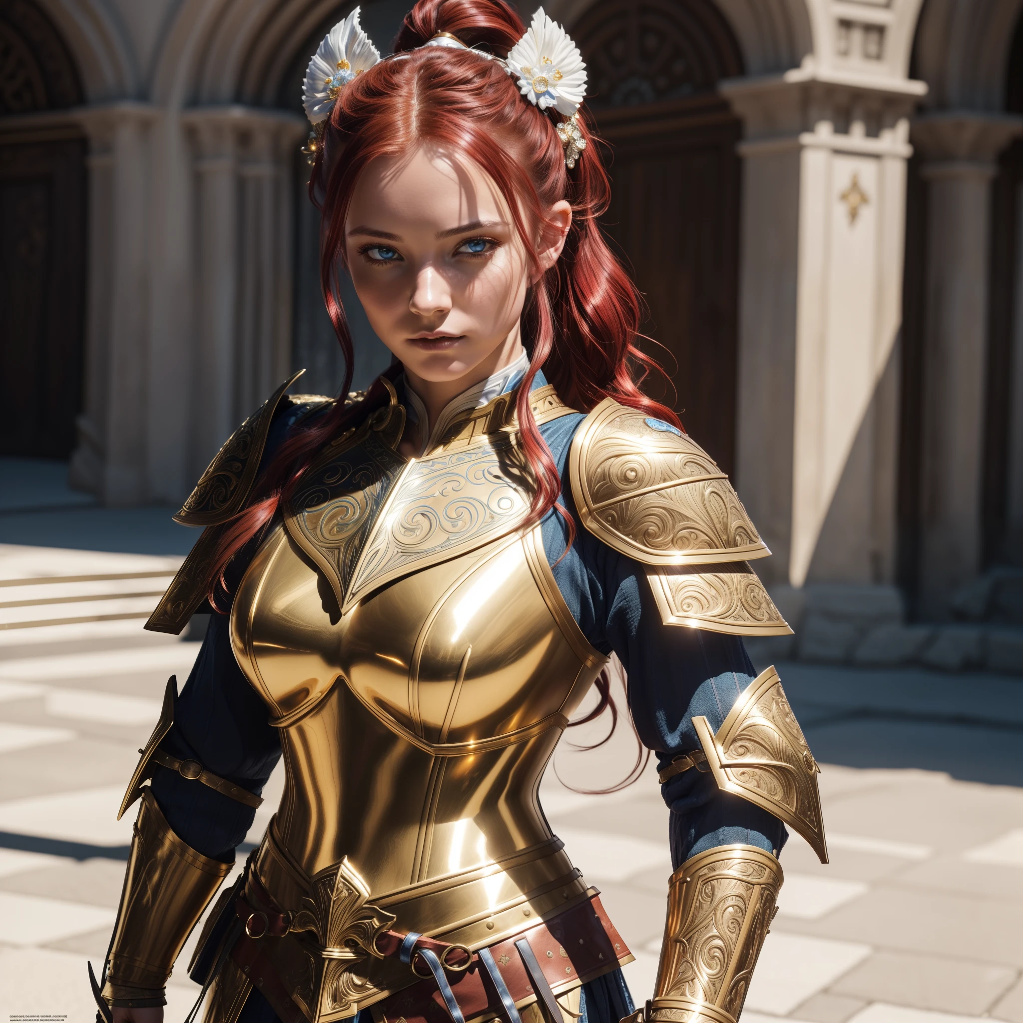 Arafed woman in armor posing for a picture in a courtyard - SeaArt AI