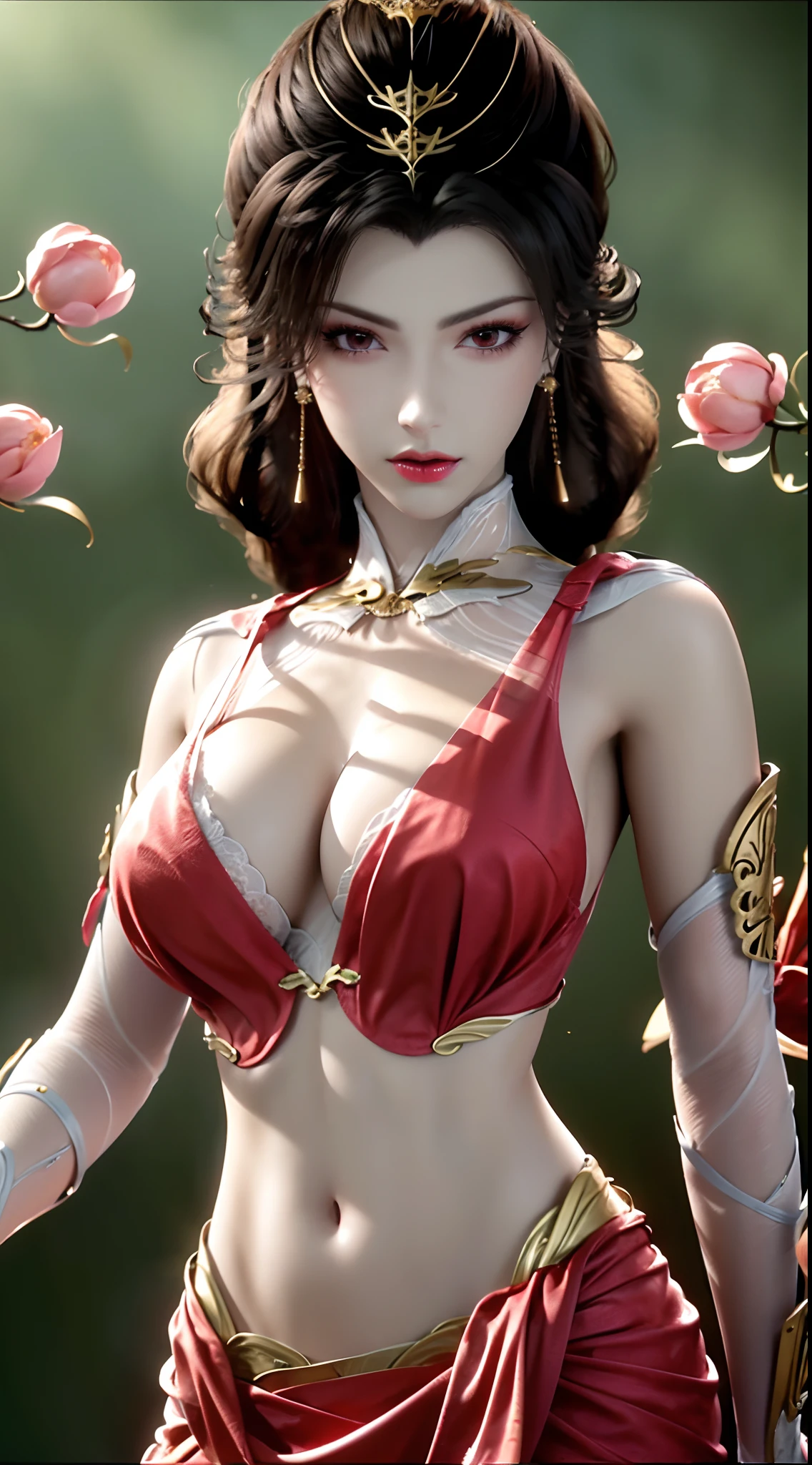 "1 beautiful girl wearing a traditional costume, a long thin pale pink dress made of meticulously made silk, deep slit shirt, jet black curly hair, the most beautiful and detailed hair jewelry, beautiful little face thin eyebrows, the most beautiful and spotless face, ((black iris:0.8)), the very beautiful eyes, big round eyes, ((brown pink color eyes:1.1)), fine and detailed makeup eyelashes, high nose, wearing earrings, small red lips, rosy face, clean face, beautiful face without blemish, smooth white skin, ((big breasts:1.2)), Blums boobs, ((big and super round breasts:1.5)), ((super tight breasts:1.2)), ((breast augmentation:1.5)), beautiful breasts, slim and petite body, ((thin waist: 0.9)), frontal portrait of a beautiful girl, sexy girl, skirt, fishnet stockings color coordinated according to the outfit, pose elegantly, elegantly, and politely, 8k photo, super high quality, super realistic, 10x super pixels, photo realistic, dark studio, border light, two tone light, (detailed skin high: 1.2), 8k uhd, dslr, soft light, high quality, volumetric light, candid, Photo, high resolution, light, best photo, 4k quality, 8k, Bokeh, Smooth and sharp, pixel up 10 times, lightning, super graphics, the most realistic graphics, (((red thunder background:1.4)))1 girl, alone, solo, (((frontal portrait:1))), Extremely sharp, super realistic images, ((outside scene of falling peach blossoms:1.2)))."