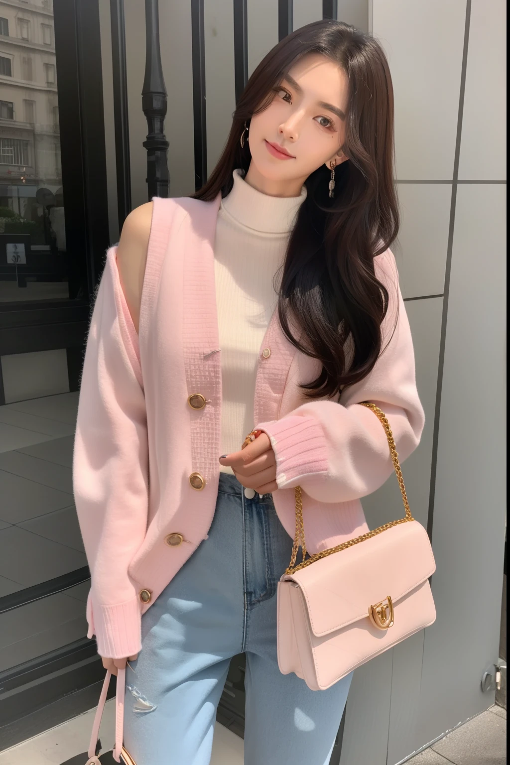 Seorang gadis Jepang yang cantik sedang duduk berlutut di depan meja khas Jepang di mana ada hidangan teh. Gadis itu mengenakan kemeja off shoulder dengan rok mini. Gadis itu terlihat menghidangkan teh di atas meja dengan kolam ikan khas Jepang di latar belakang.