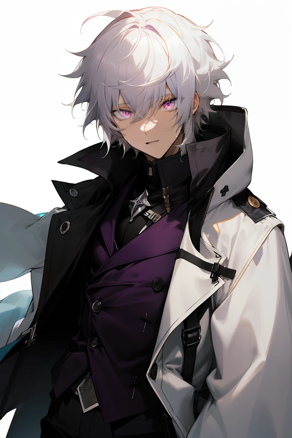anime, boy, white hair, medium short hair, purplish white eyes, stylish black trenchcoat, black pants, messy hair, upper body, extremely detailed eyes