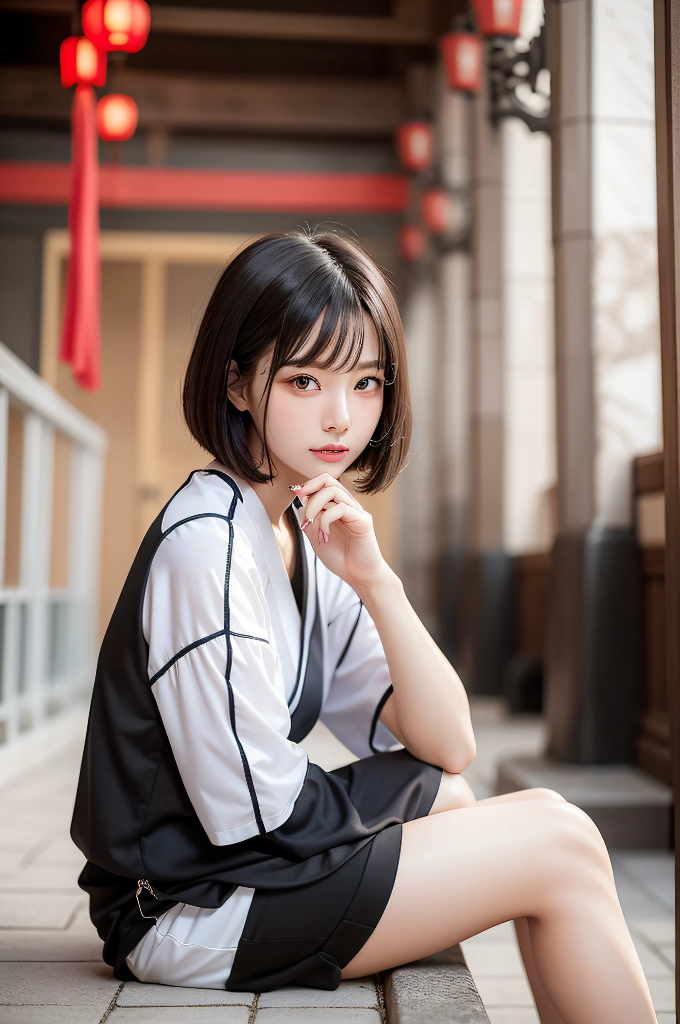 Generate a full-body image of a stunningly beautiful woman with a face resembling a Korean idol, universally adored. She is sitting in a Japanese temple, surrounded by a mechanical and serene background. The image should be photorealistic and captured by a DSLR camera. The focus should be on the woman's entire body, which is wearing short sleeves and shorts with minimal skin exposure. Her hair is a short bob with black hair, blowing in the wind, and there is a tunnel of numerous red lanterns in the temple's background.