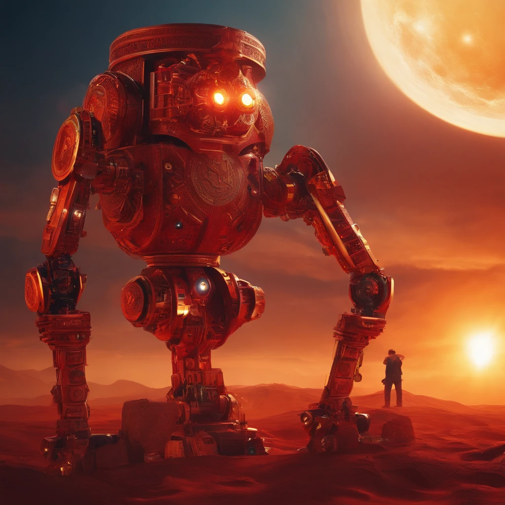 bitcoin, robot, science fiction, red, gold, monster, sun,