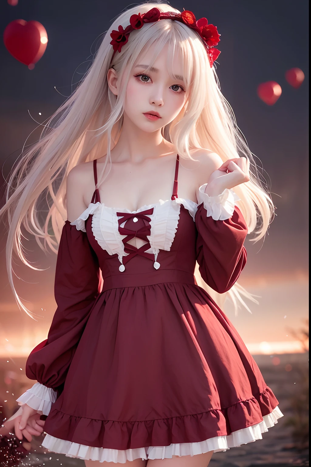 RAW photo, (Full HD epic wallpaper)，8K，hyper HD, Digital SLR, Soft lighting, High quality, filmgrain, Fujifilm XT3,The eyes are delicate and clear，The face is super clear，(1人, femele:1.2),( A half body), Long gray hair, (The camera is focused on the knee:1.3)，Solo, Detailed background, Detailed face, Pale complexion, Lolita costume, Red robe, , Floating particles, particle fx,, red flames, the are In the background, Surrounded by a crimson mist, Sunset, symetrical composition, Epic atmosphere,