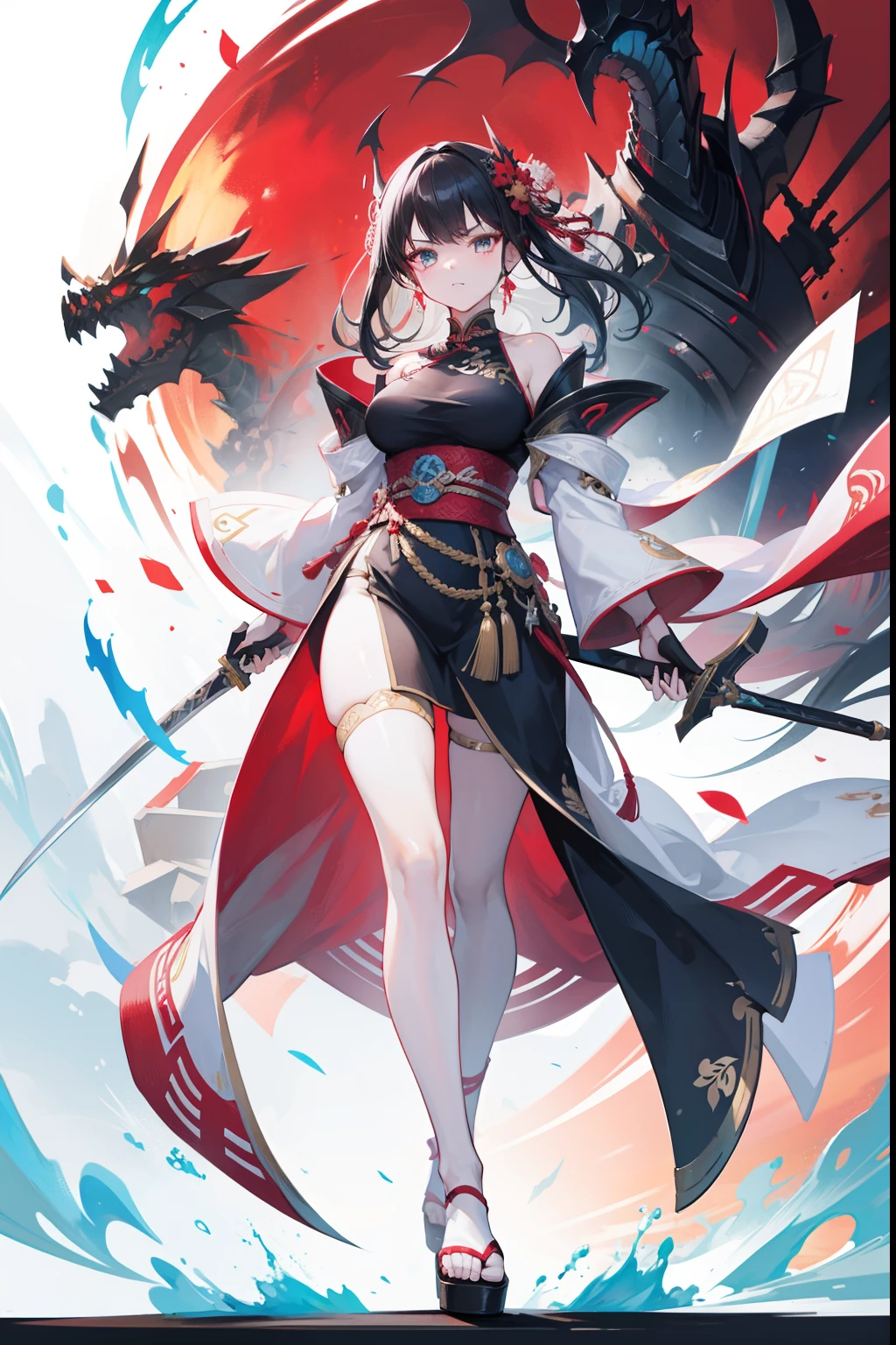 In front of a huge Chinese-style building，Image of a female swordsman holding a sword and a large number of swords，seductiveexpression,Fitted white robe ,black lence stockings，A bunch of black hair，green-eyed,front poses，typhoon，Thunder，Style Artgerm, Full body detail 4K，Dreamlike，and its detailed full-body detail 4K