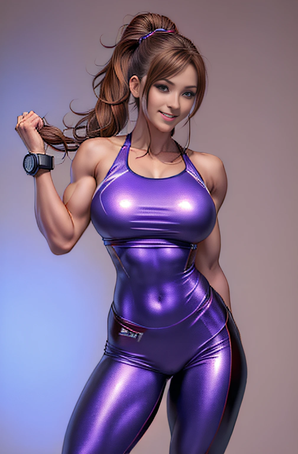Female Fitness Model、Big breasts about to burst、Metallic purple and metallic white workout wear、Half Japan and half American.、