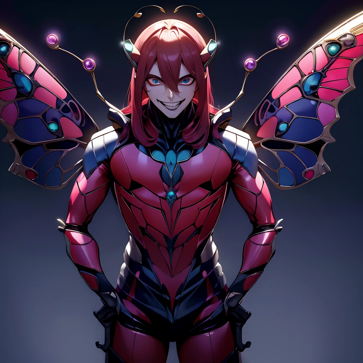Hot, beautiful insect butterfly man, ((Guyver style)), evil smile, scaraber reploid, bellows tail, Anime , alien king , Long pink hair,CRAZY EYES,YAMEROYANDERE, crazy eyes, Devious smile