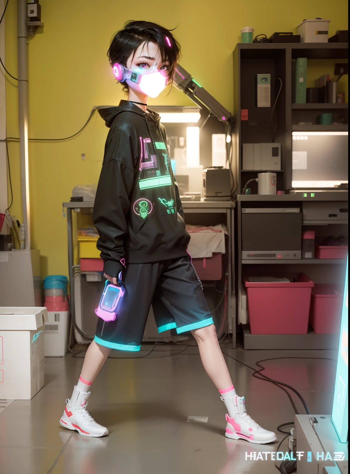 Neon half-robot human