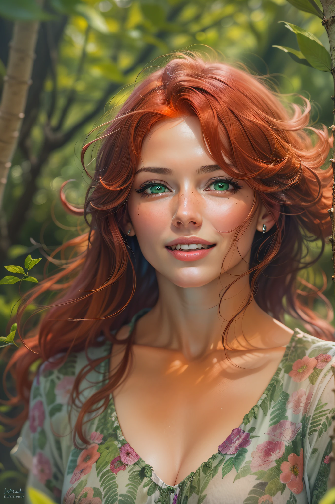 A close-up of a beautiful, STUNNING red-haired woman with cascading dark highlights, pastel in a lush forest glade, her green eyes sparkling with joy at the beach, and her blouse standing open.