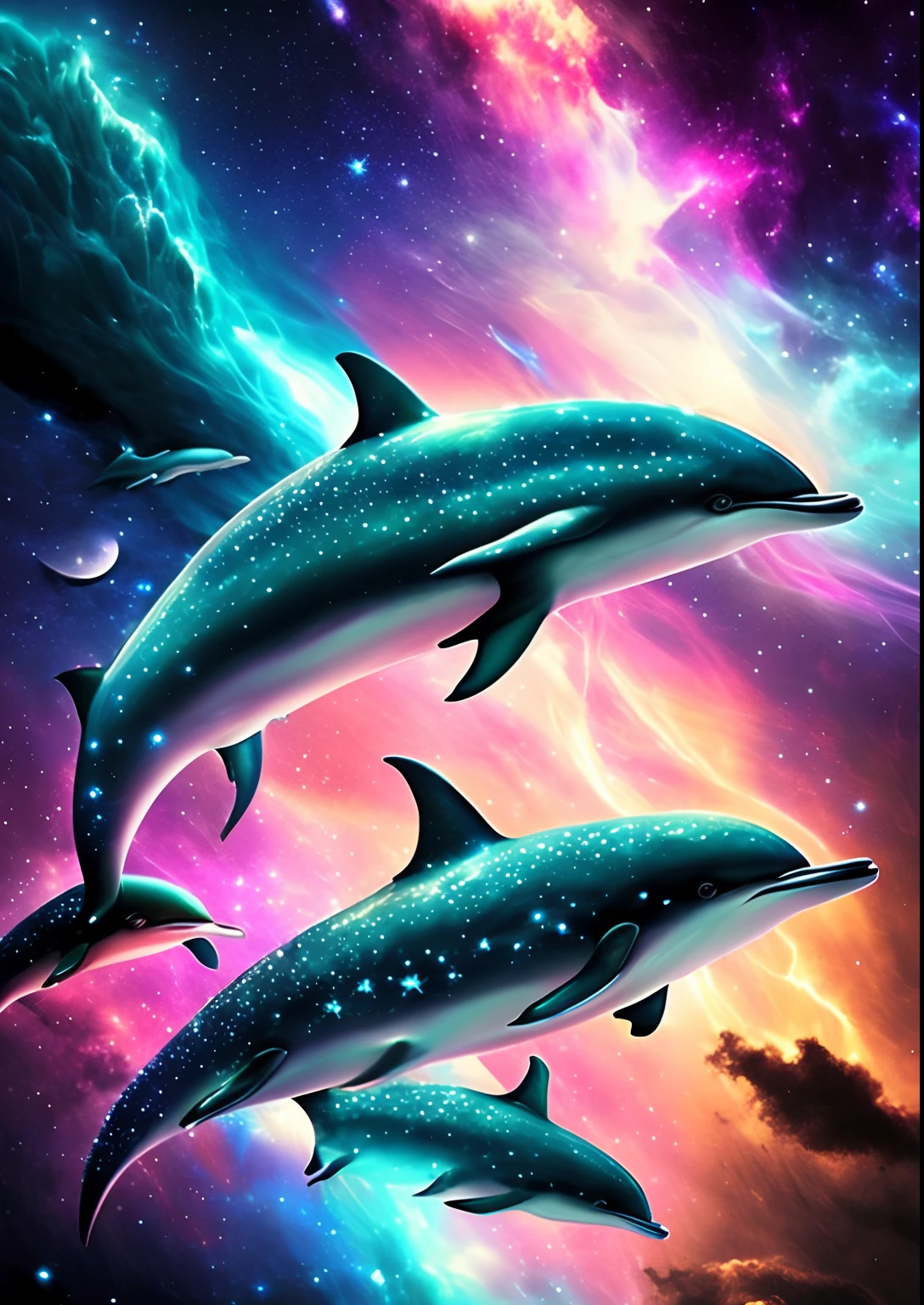 dreamlikeart, galaxy, outer space, nebula, star, [cyberpunked] Dolphins are from the stars. (star:1.5),