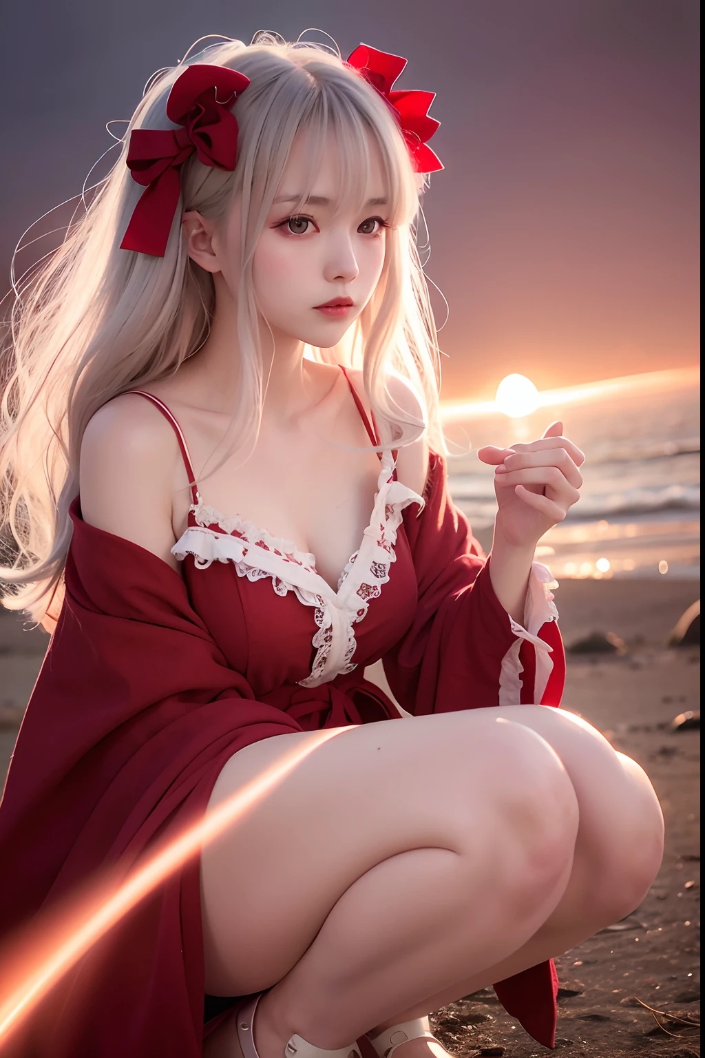 RAW photo, (Full HD epic wallpaper),8K,hyper HD, Digital SLR, Soft lighting, High quality, filmgrain, Fujifilm XT3,The eyes are delicate and clear,The face is super clear,(1人, femele:1.2),( A half body), Long gray hair, (The camera is focused on the knee:1.3),Solo, Detailed background, Detailed face, Pale complexion, Lolita costume, Red robe, , Floating particles, particle fx,, red flames, the are In the background, Surrounded by a crimson mist, Sunset, symetrical composition, Epic atmosphere,