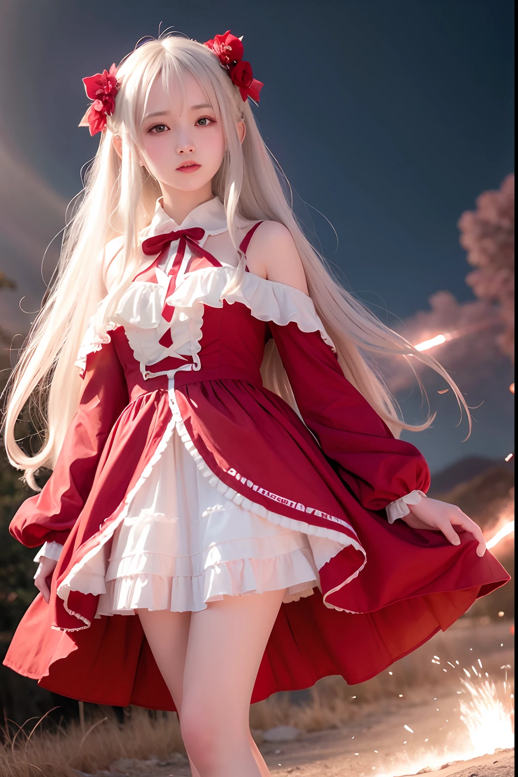 RAW photo, (Full HD epic wallpaper),8K,hyper HD, Digital SLR, Soft lighting, High quality, filmgrain, Fujifilm XT3,The eyes are delicate and clear,The face is super clear,(1人, femele:1.2),( A half body), Long gray hair, (The camera is focused on the knee:1.3),Solo, Detailed background, Detailed face, Pale complexion, Lolita costume, Red robe, , Floating particles, particle fx,, red flames, the are In the background, Surrounded by a crimson mist, Sunset, symetrical composition, Epic atmosphere,