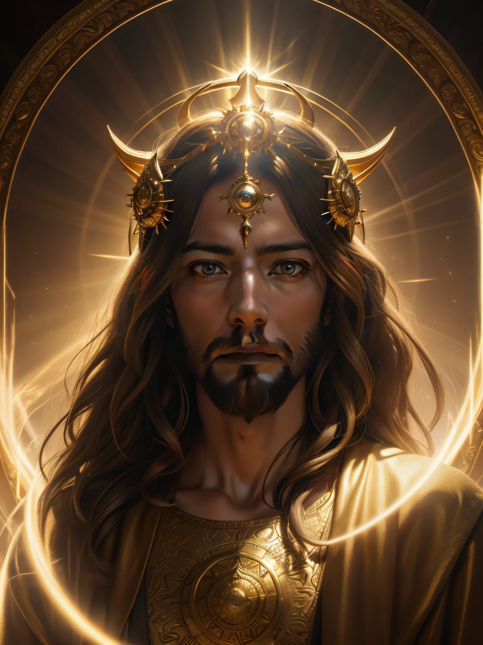 highly detailed portrait of a jesus christ sun god halo of light, gold, unreal engine, art by mark ryden, lostfish, earl norem, global illumination, god rays, detailed and intricate environment, elden ring style