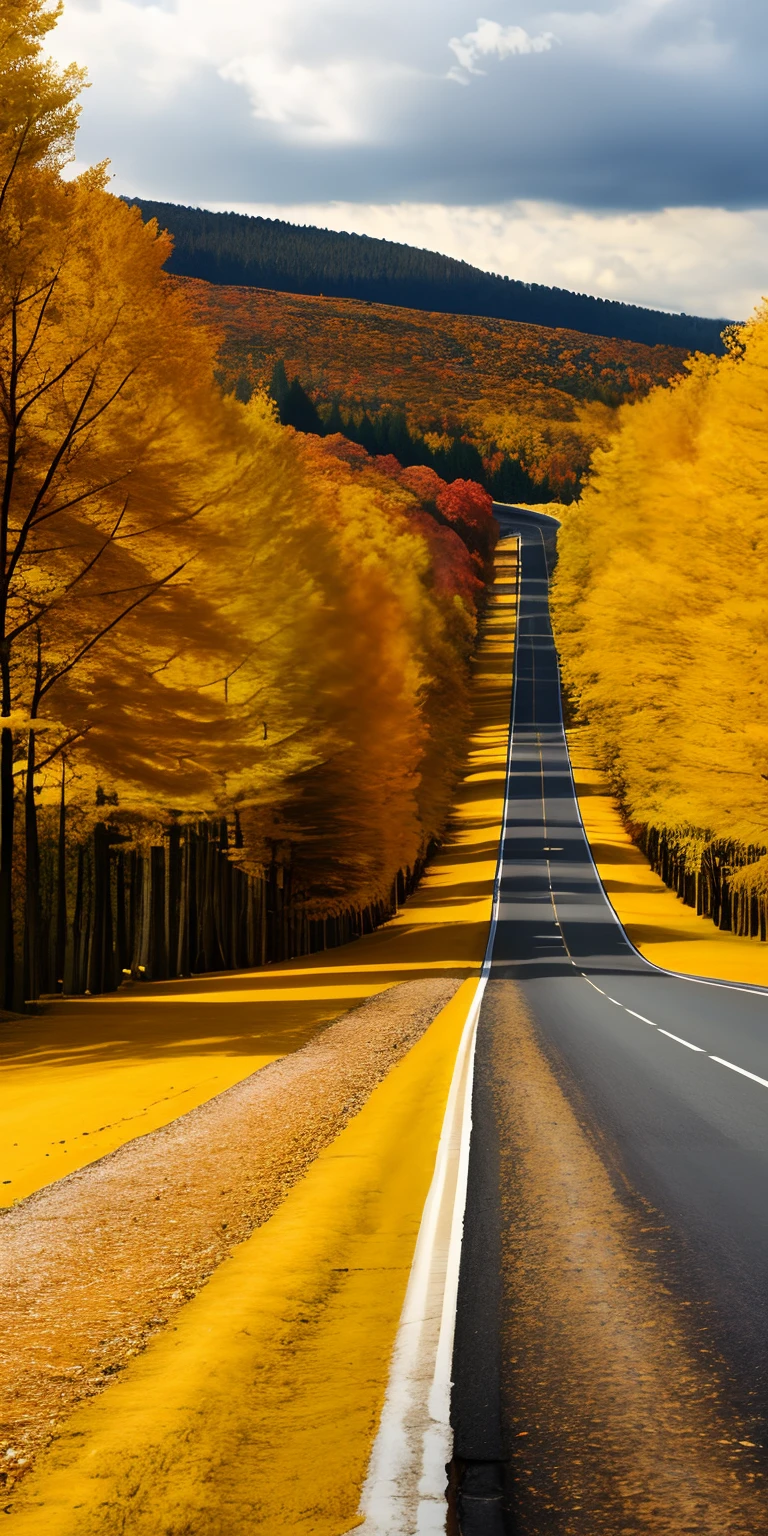 autumnal，The forest on the mountain has turned golden yellow，One day, the road winds its way up from the bottom up，Medium shot，16K HD，Photorealistic photos