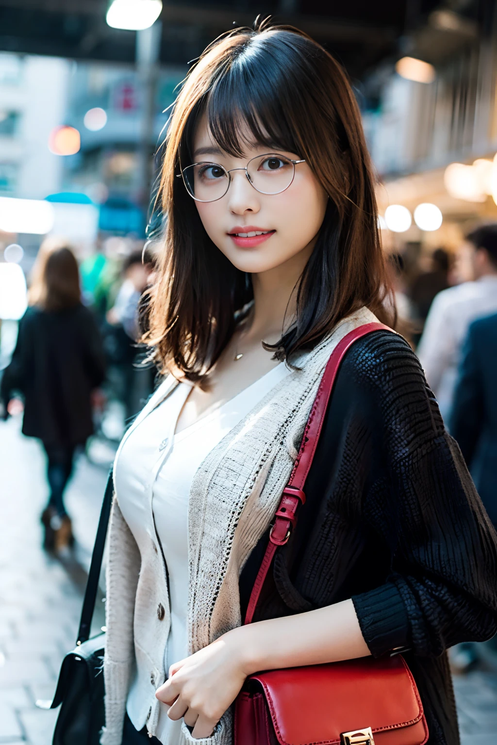 (8K、Raw photography、top-quality、​masterpiece:1.2)、(realisitic、Photorealsitic:1.37)、ultra-detailliert、超A high resolution、女の子1人、see the beholder、beautifull detailed face、A smile with a little visible teeth、Constriction、(Slim waist) :1.3)、((Wearing a cardigan))、pastel clothing、Beautiful detailed skin、Skin Texture、Floating hair、((fluffy hairstyle))、large breasts with good shape、Professional Lighting、In front of the station at noon、((Black square glasses))、Whole human body、Black hair、((Have a small handbag))、Pay attention to your audience、