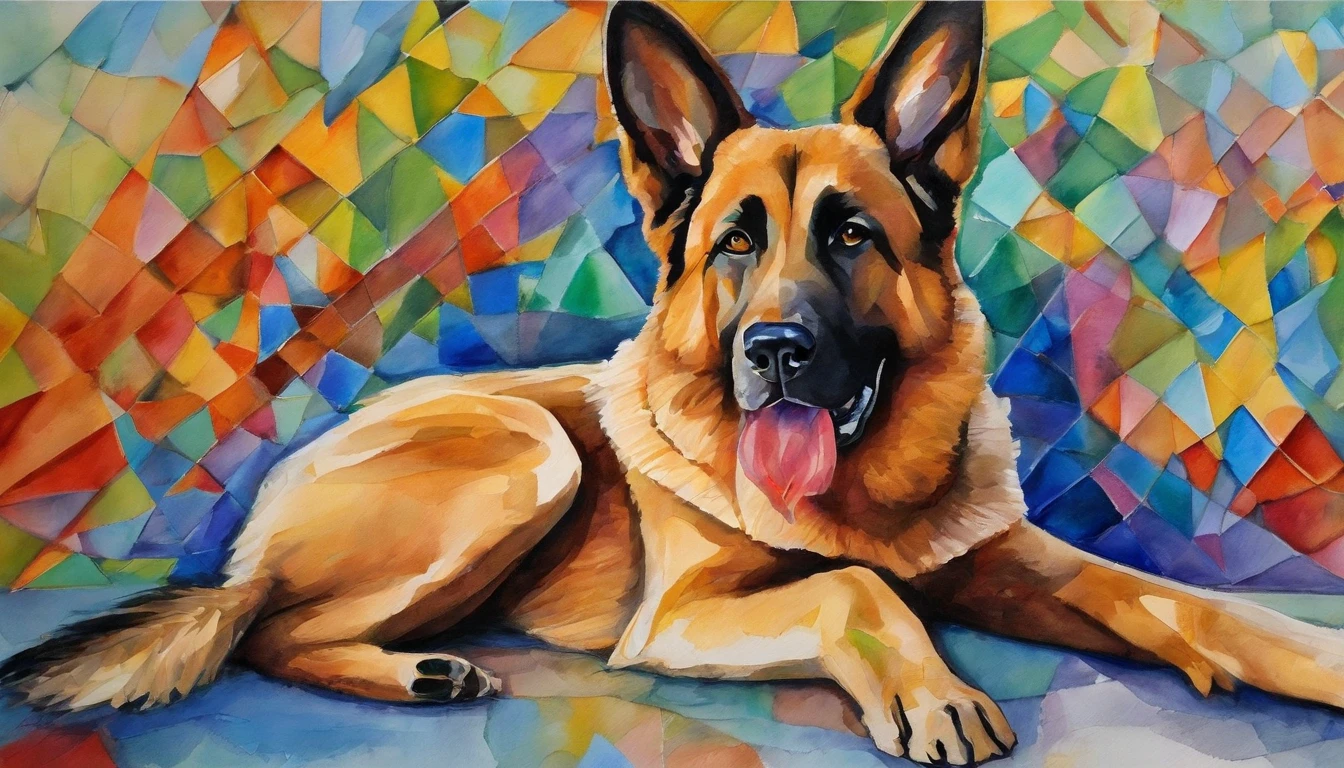 (German Shepherd Dog ),(melhor pose),(best angle), (better expression), Leandro Estevão padding ,multidimensional geometric wall PORTRAIT, arte, Chibi, Yang08k, lindo, Colouring, Primary works, qualidade superior, melhor qualidade, Arte Oficial, Beautiful and Aesthetic, pelos coloridos,