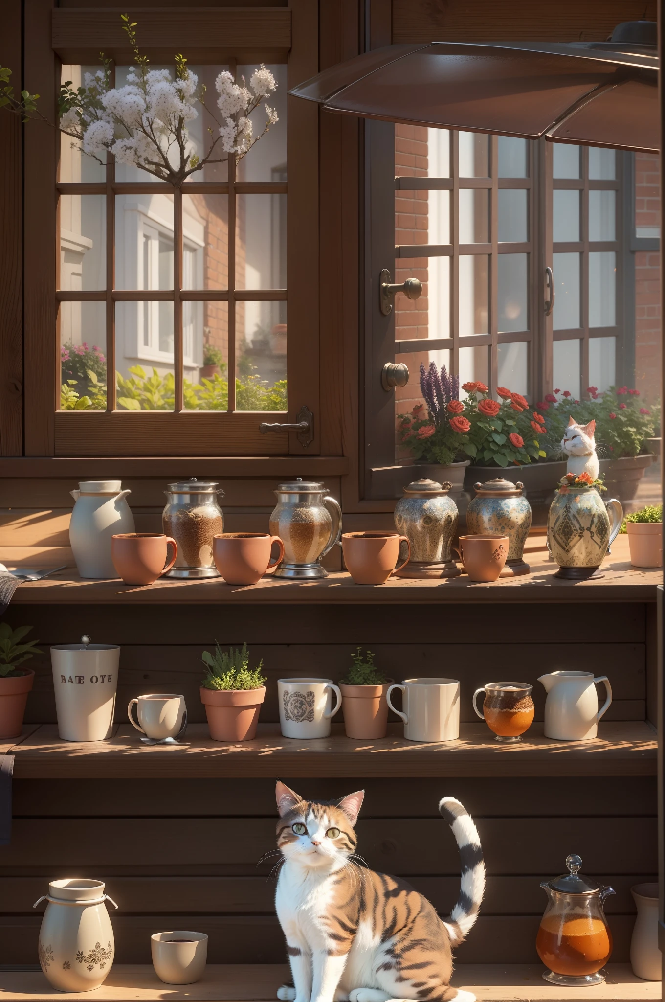 Coffee shop window, The cat looks outside, Arrange the pots, and the sun was shining brightly, the detail, 4K, k hd, high high quality.