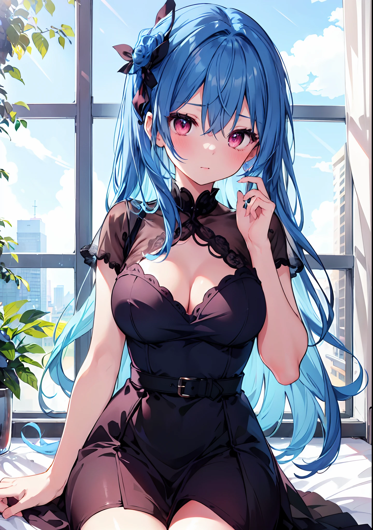 top-quality、masterpiece、1girl in、all-fours、blue hair, long hair, to close range、red blush、Staring at this、Cute anime illustration、beautiful black dress, beautiful breasts, in the room, window, cute pose, beautiful pose, cuteness, legs