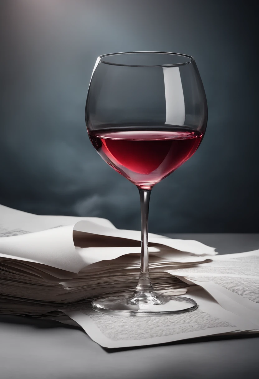 Glass of wine broken wine poured on top of papers, fundo escritorio escuro de luxo.