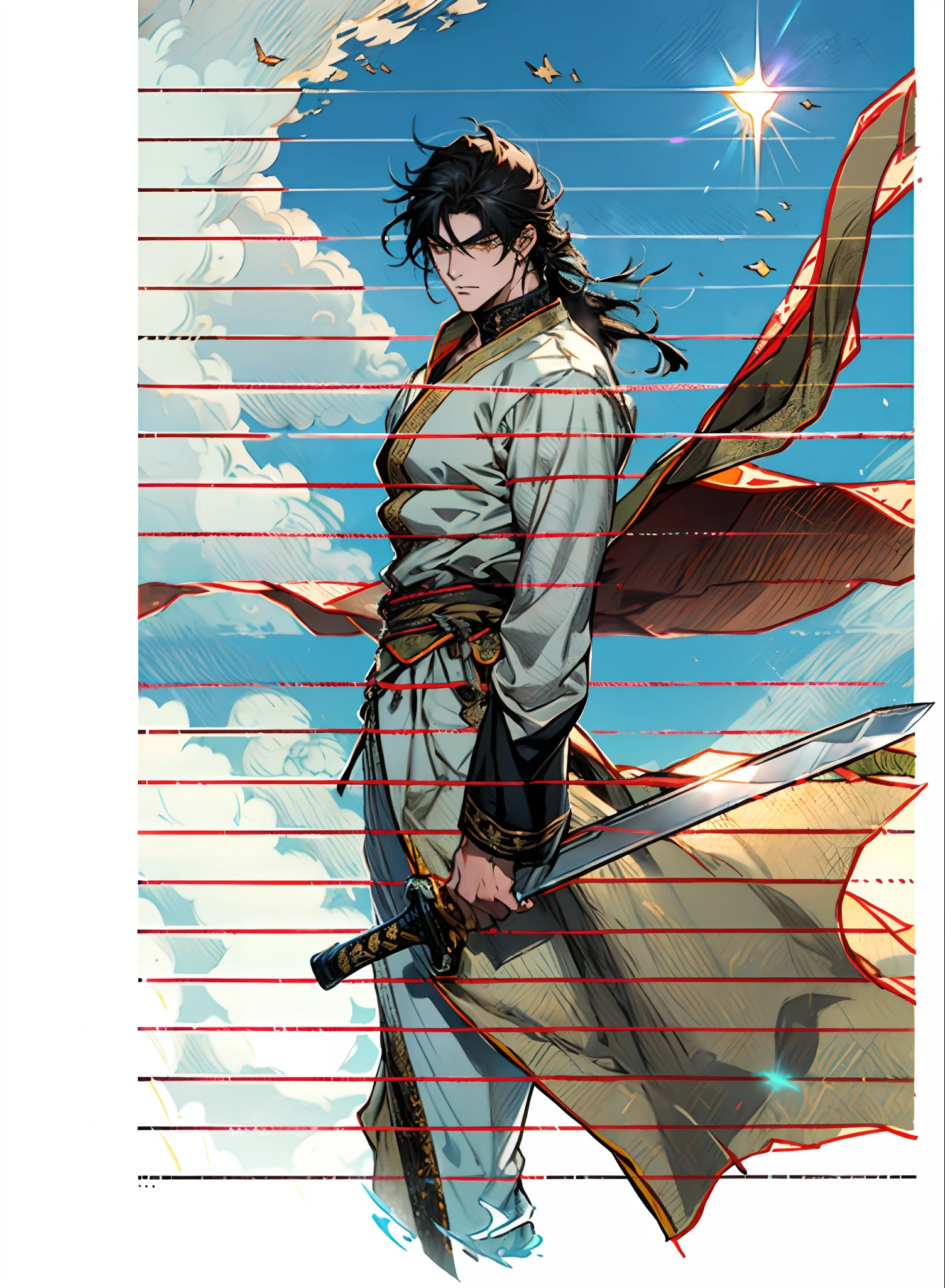 A young man with thick jet-black hair, Medium-length hair, clear and bright eyes, a relaxed and composed demeanor, handsome features, stands by the side of a vast and bright lake, dressed in a loose white robe, the hem flowing gracefully in the wind, wide sleeves, a sky-blue sash is tied around his waist, he wears loose white trousers, he holds a longsword with a black scabbard, a longsword with a black scabbard, he radiates an aura of transcendence and elegance under the sunlight, under the sunlight, this character embodies a finely crafted Chinese martial hero design in anime style, characterized by a sophisticated and mature manga illustration art style, high definition, best quality, highres, ultra-detailed, ultra-fine painting, extremely delicate, professional, anatomically correct, symmetrical face, extremely detailed eyes and face, high quality eyes, creativity, RAW photo, UHD, 8k, Natural light, cinematic lighting, masterpiece:1.5